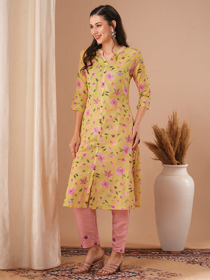 Floral Printed A-Line Kurta - Yellow