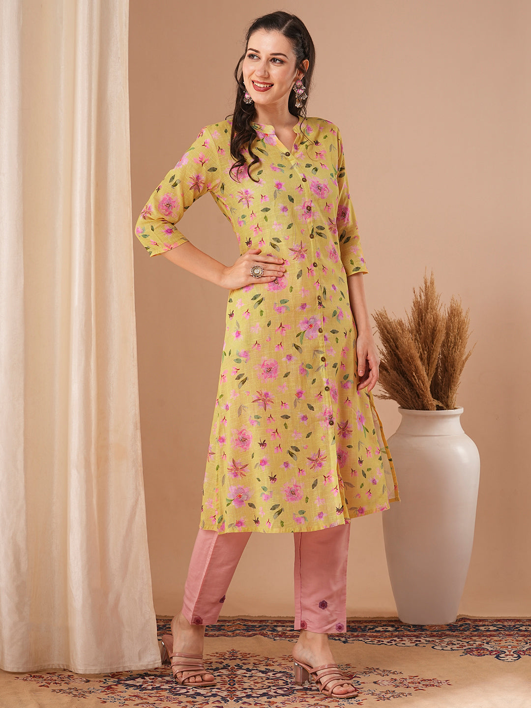 Floral Printed A-Line Kurta - Yellow