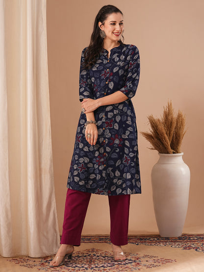 Ethnic Kalamkari Printed A-Line Kurta - Blue