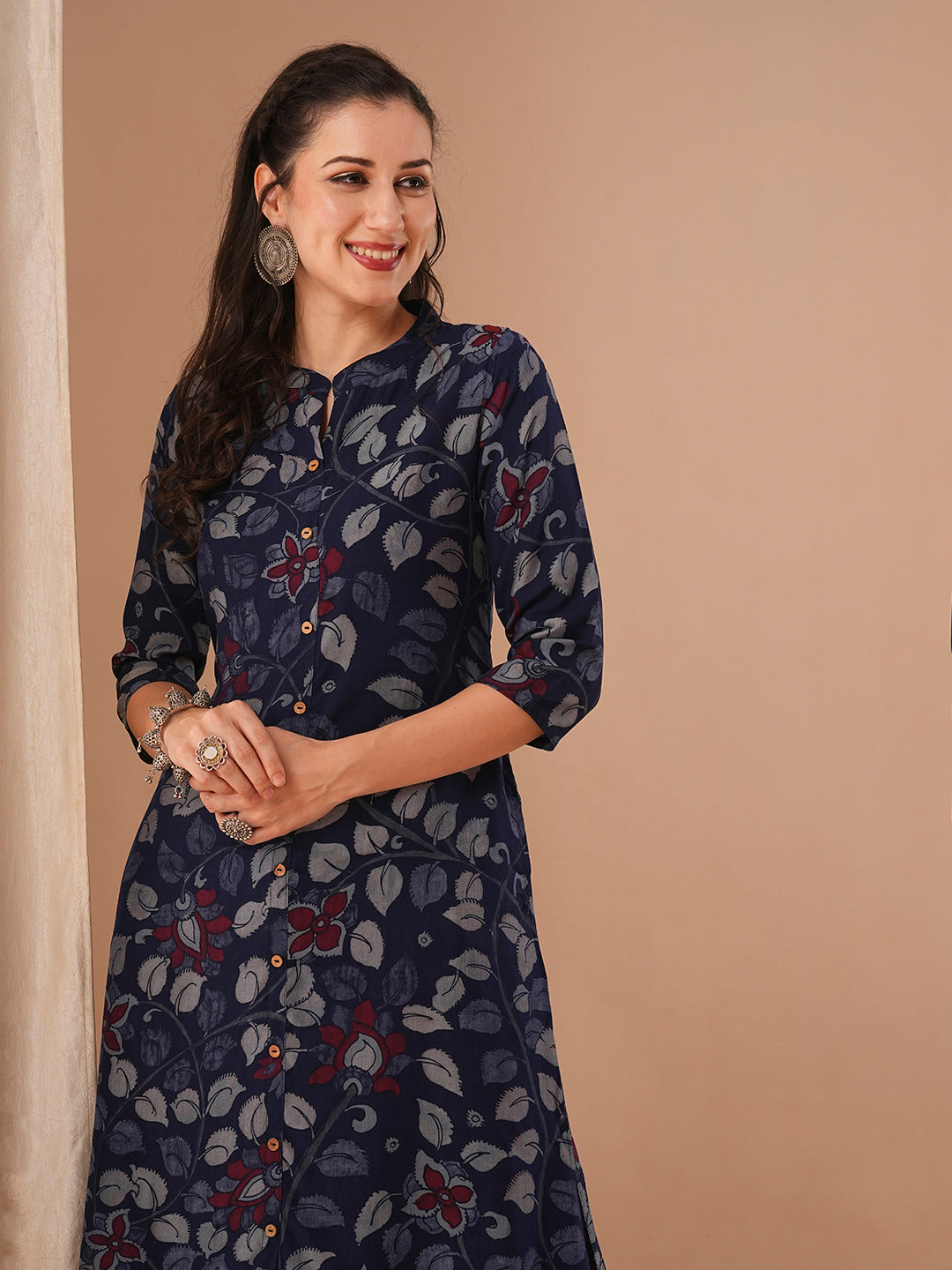 Ethnic Kalamkari Printed A-Line Kurta - Blue