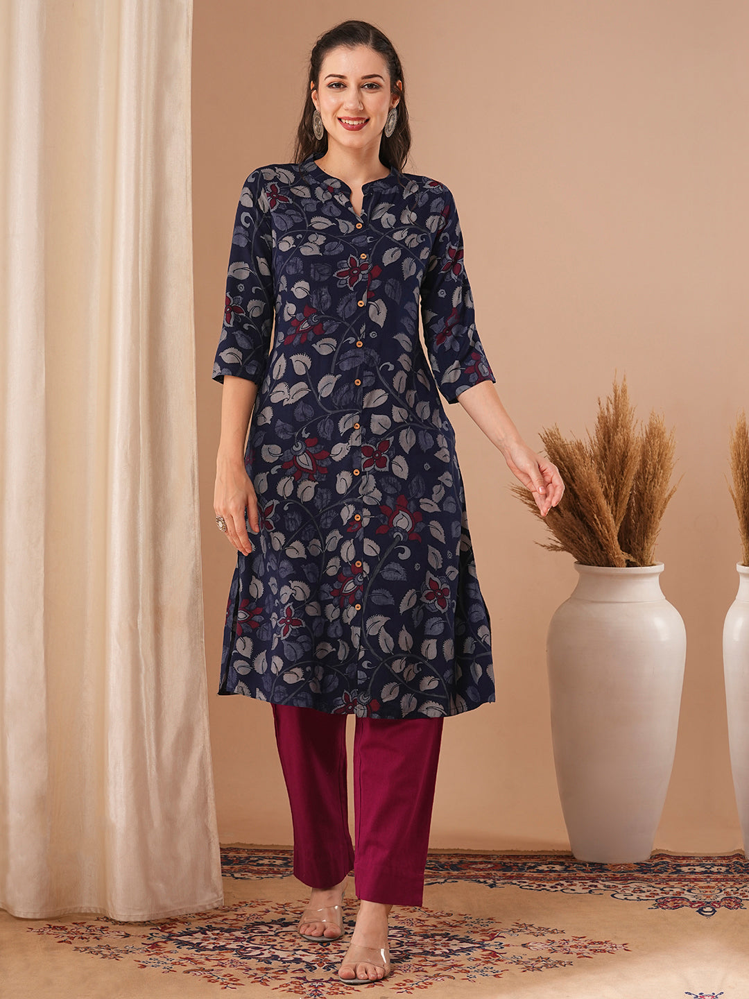 Ethnic Kalamkari Printed A-Line Kurta - Blue