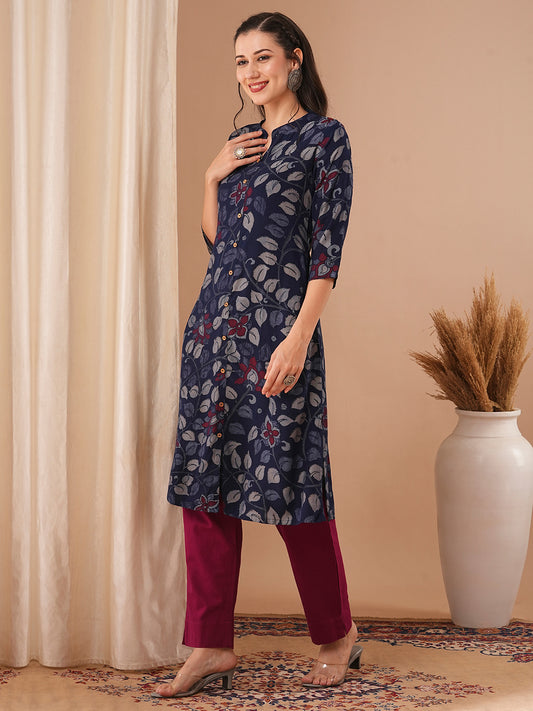 Ethnic Kalamkari Printed A-Line Kurta - Blue