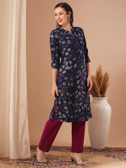 Ethnic Kalamkari Printed A-Line Kurta - Blue