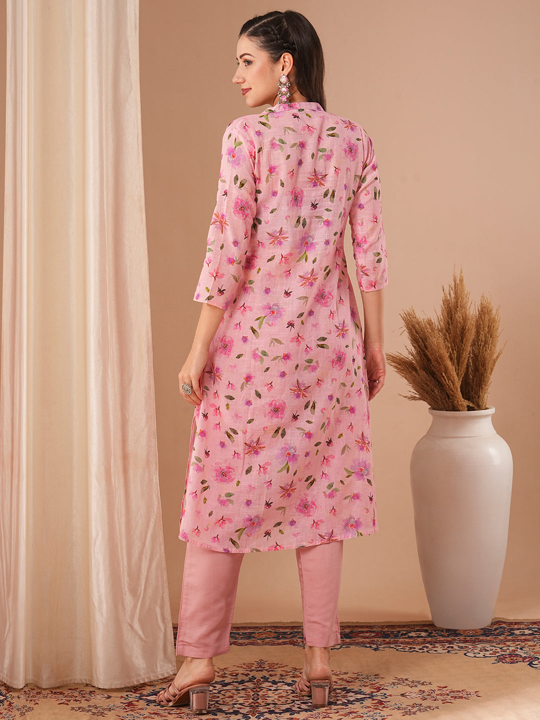 Floral Printed A-Line Kurta - Pink