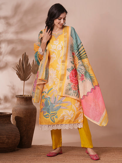 Floral Printed & Embroidered Straight Fit Kurta with Pant and Dupatta - Yellow