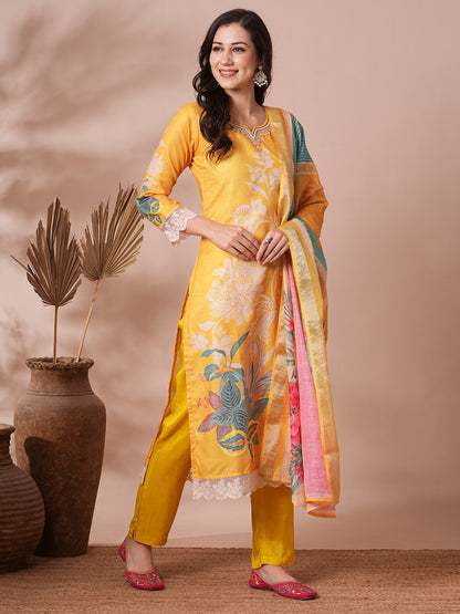 Floral Printed & Embroidered Straight Fit Kurta with Pant and Dupatta - Yellow