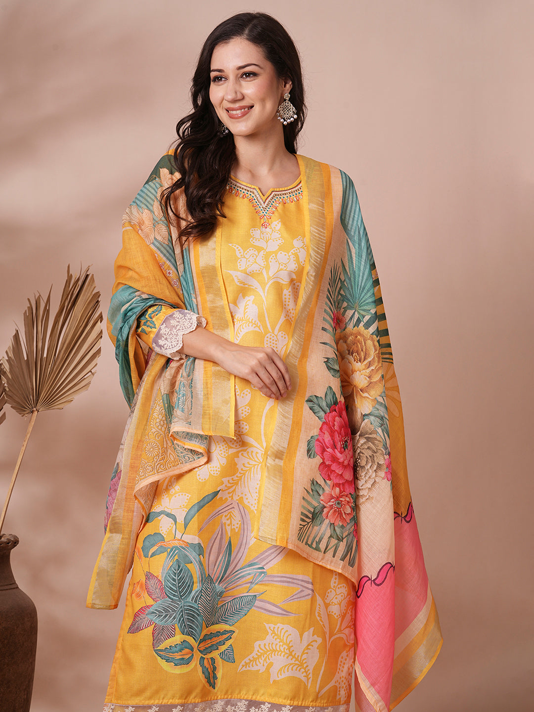 Floral Printed & Embroidered Straight Fit Kurta with Pant and Dupatta - Yellow