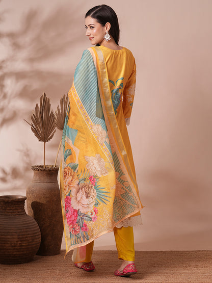 Floral Printed & Embroidered Straight Fit Kurta with Pant and Dupatta - Yellow