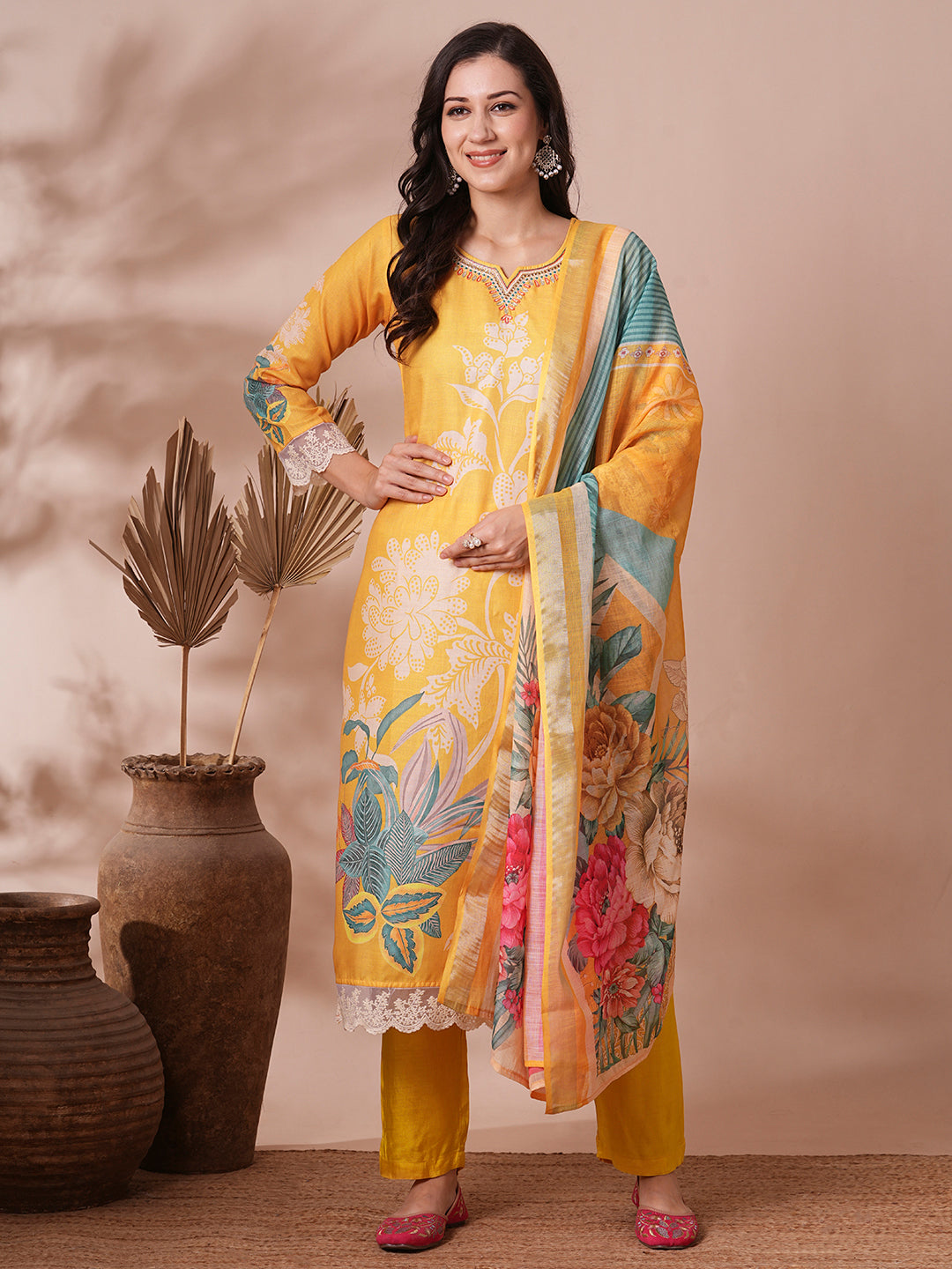 Floral Printed & Embroidered Straight Fit Kurta with Pant and Dupatta - Yellow