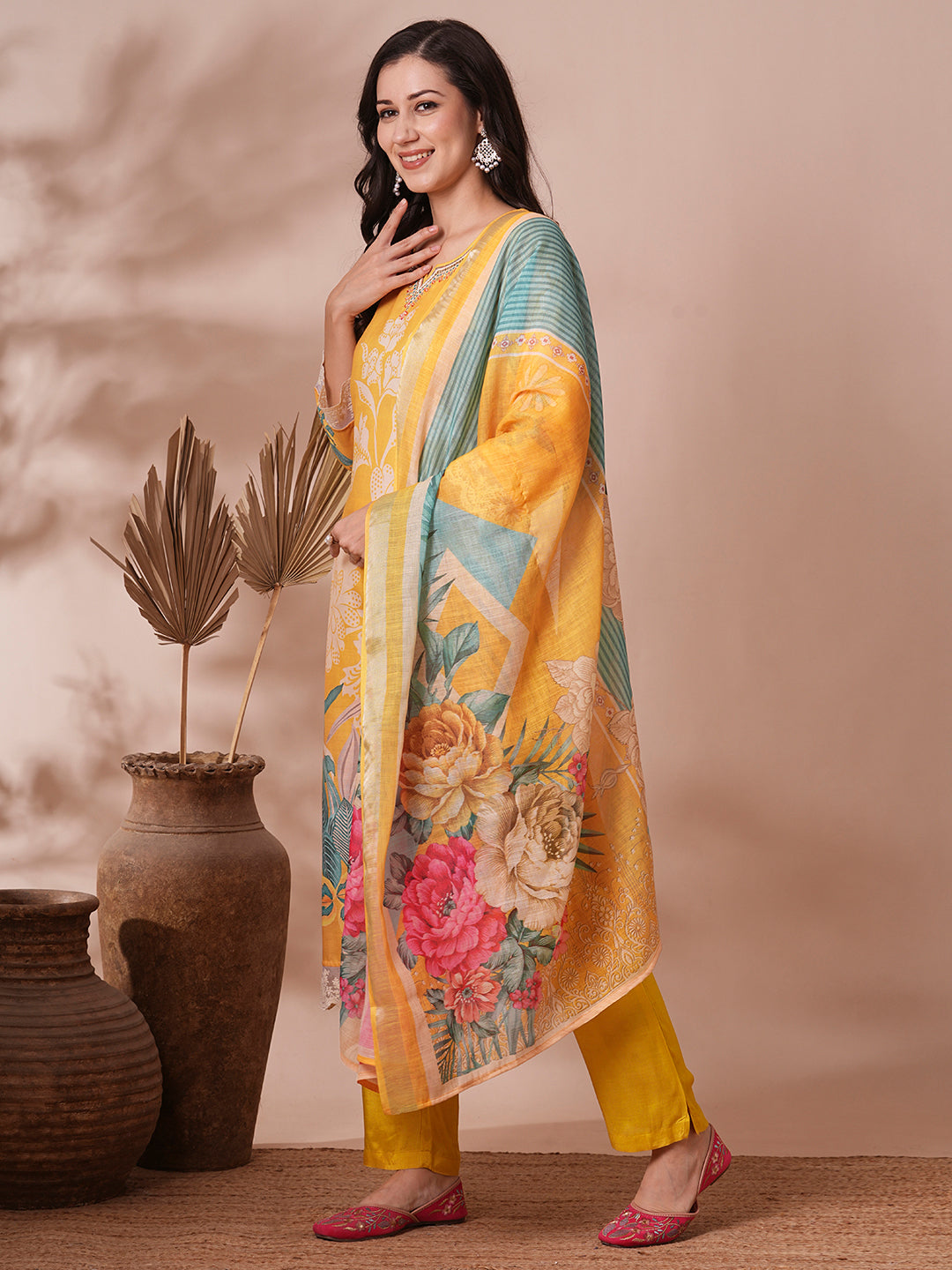 Floral Printed & Embroidered Straight Fit Kurta with Pant and Dupatta - Yellow