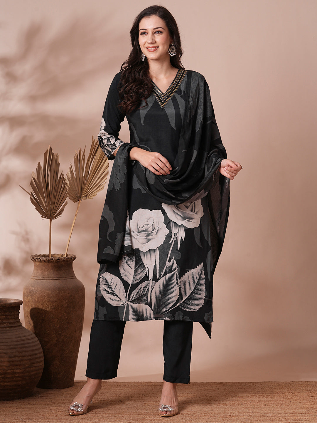 Abstract Floral Printed & Embroidered Straight Kurta with Pant & Dupatta - Black