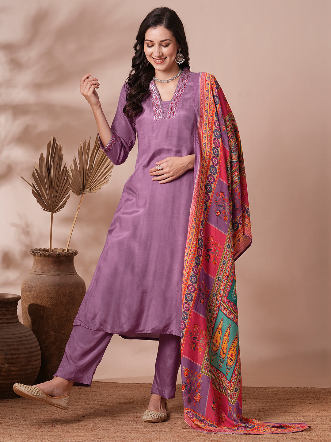 Solid Ethnic Hand Embroidered Straight Fit Kurta with Pant & Printed Dupatta - Purple