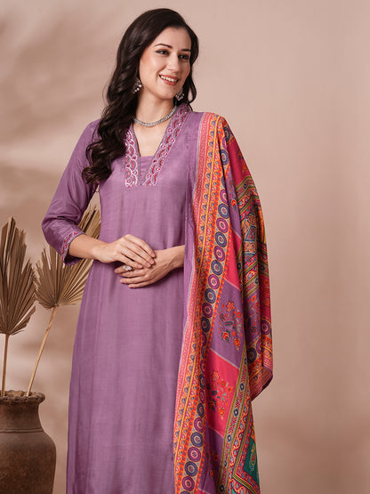 Solid Ethnic Hand Embroidered Straight Fit Kurta with Pant & Printed Dupatta - Purple