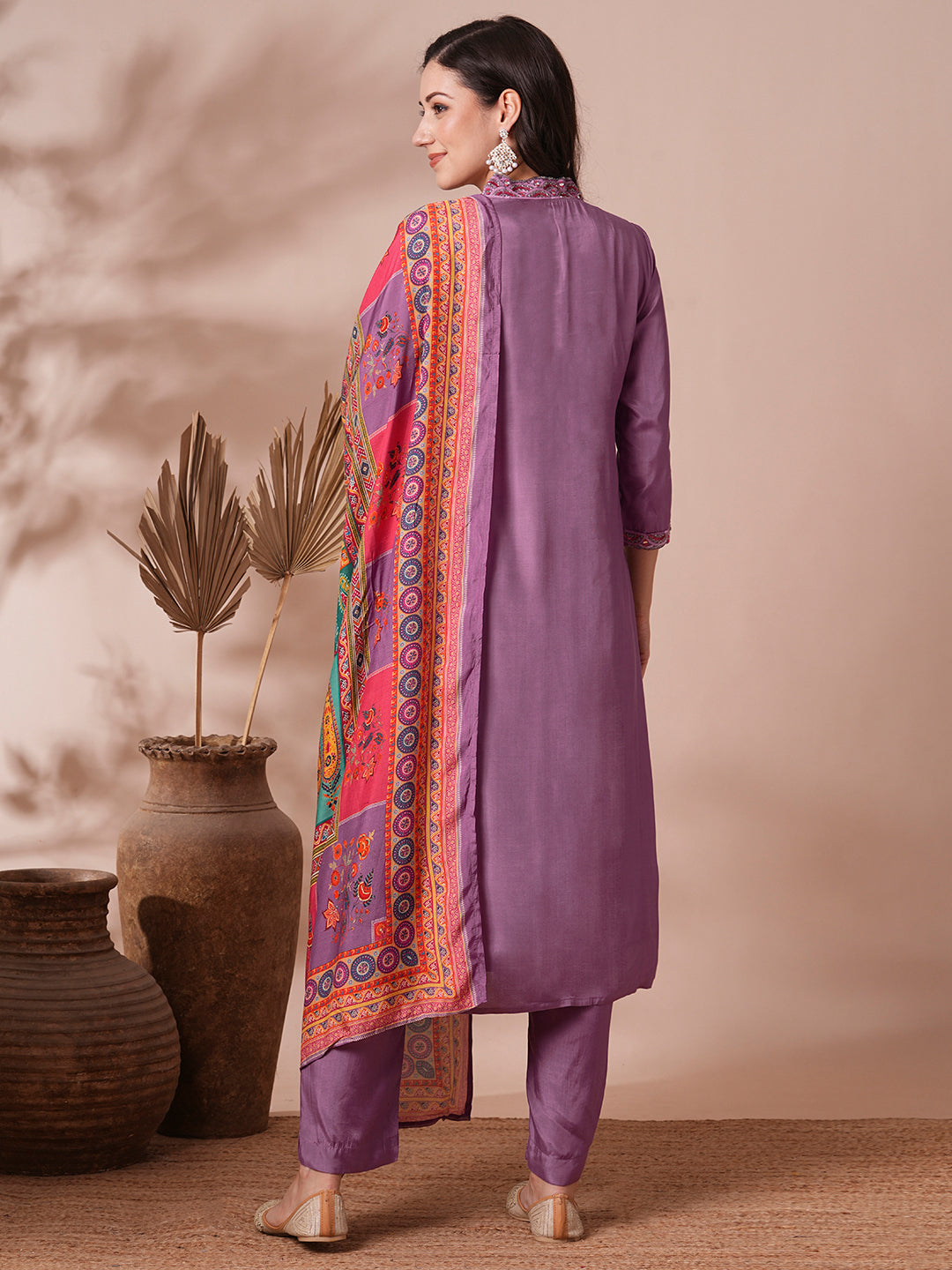 Solid Ethnic Hand Embroidered Straight Fit Kurta with Pant & Printed Dupatta - Purple