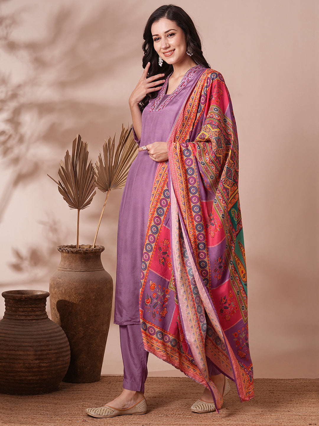 Solid Ethnic Hand Embroidered Straight Fit Kurta with Pant & Printed Dupatta - Purple