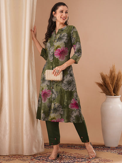 Abstract Floral Printed A-Line Kurta - Green