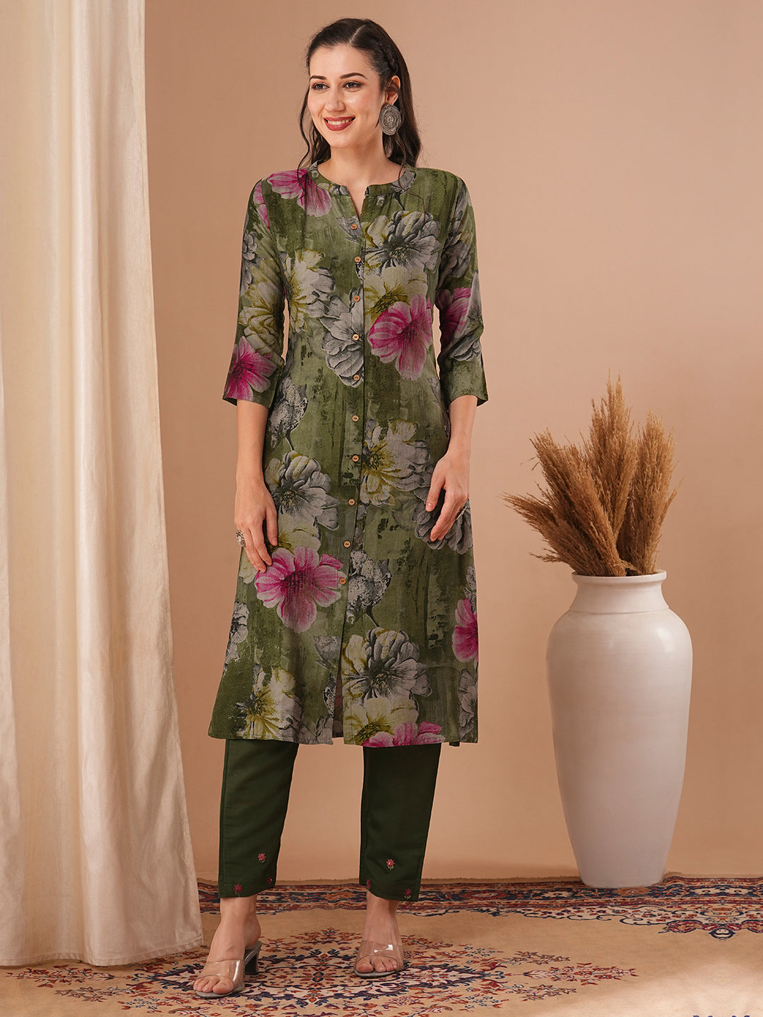 Abstract Floral Printed A-Line Kurta - Green