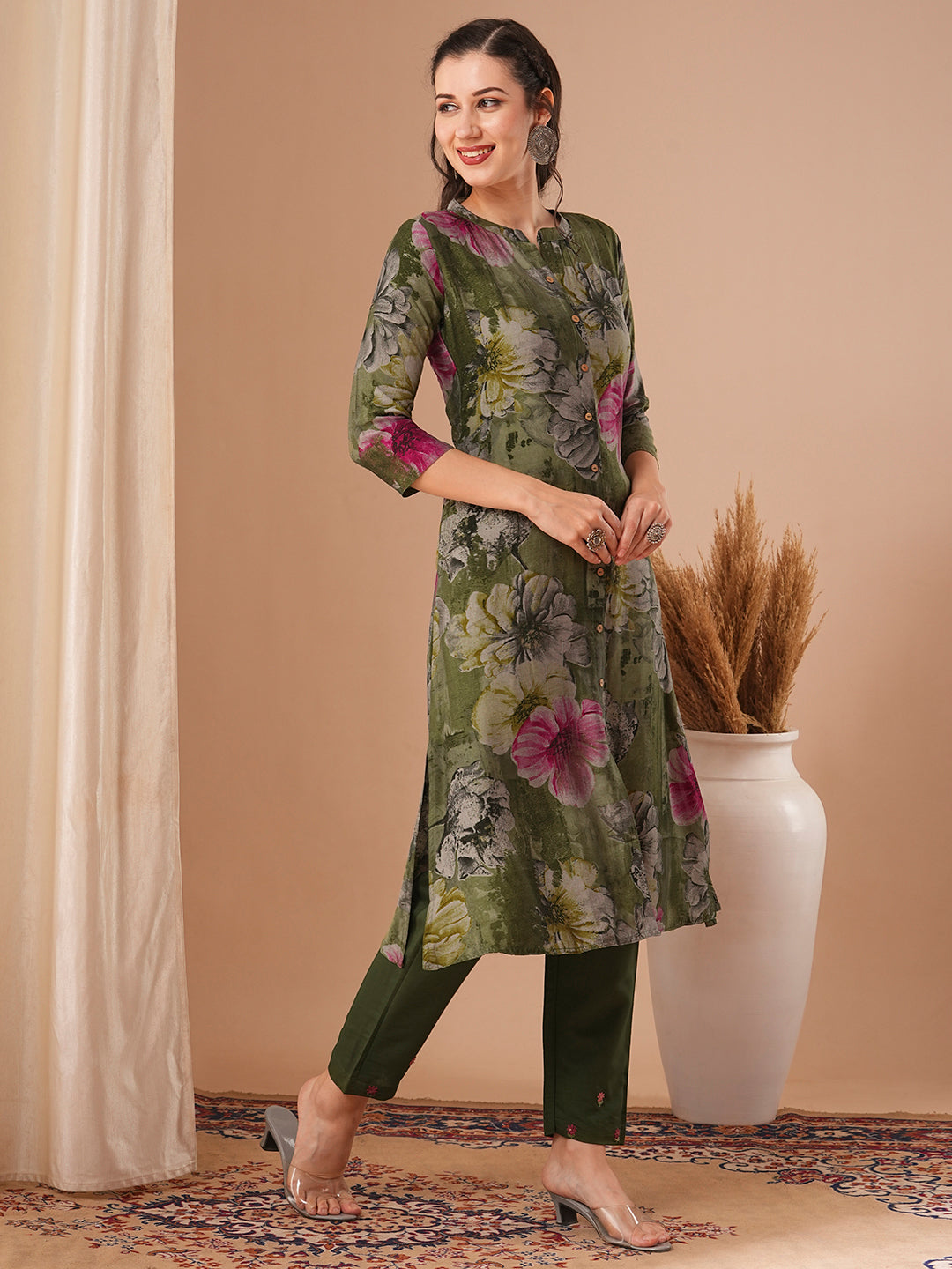 Abstract Floral Printed A-Line Kurta - Green