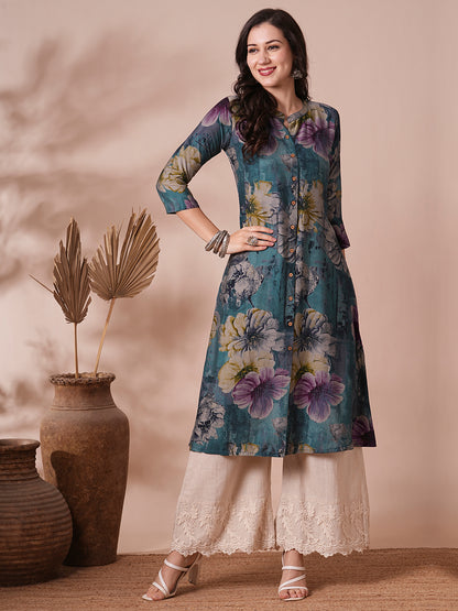 Abstract Floral Printed A-Line Kurta - Blue