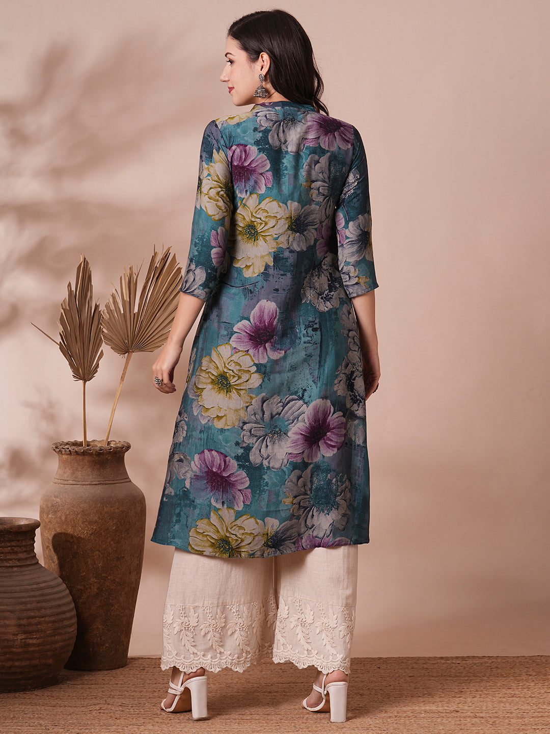 Abstract Floral Printed A-Line Kurta - Blue