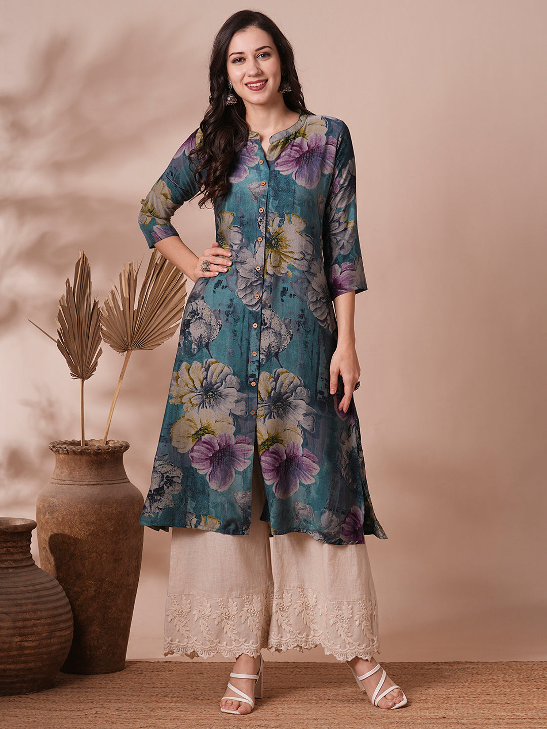 Abstract Floral Printed A-Line Kurta - Blue