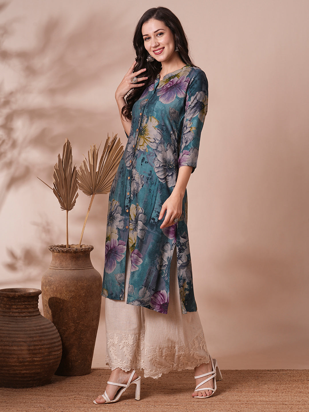 Abstract Floral Printed A-Line Kurta - Blue