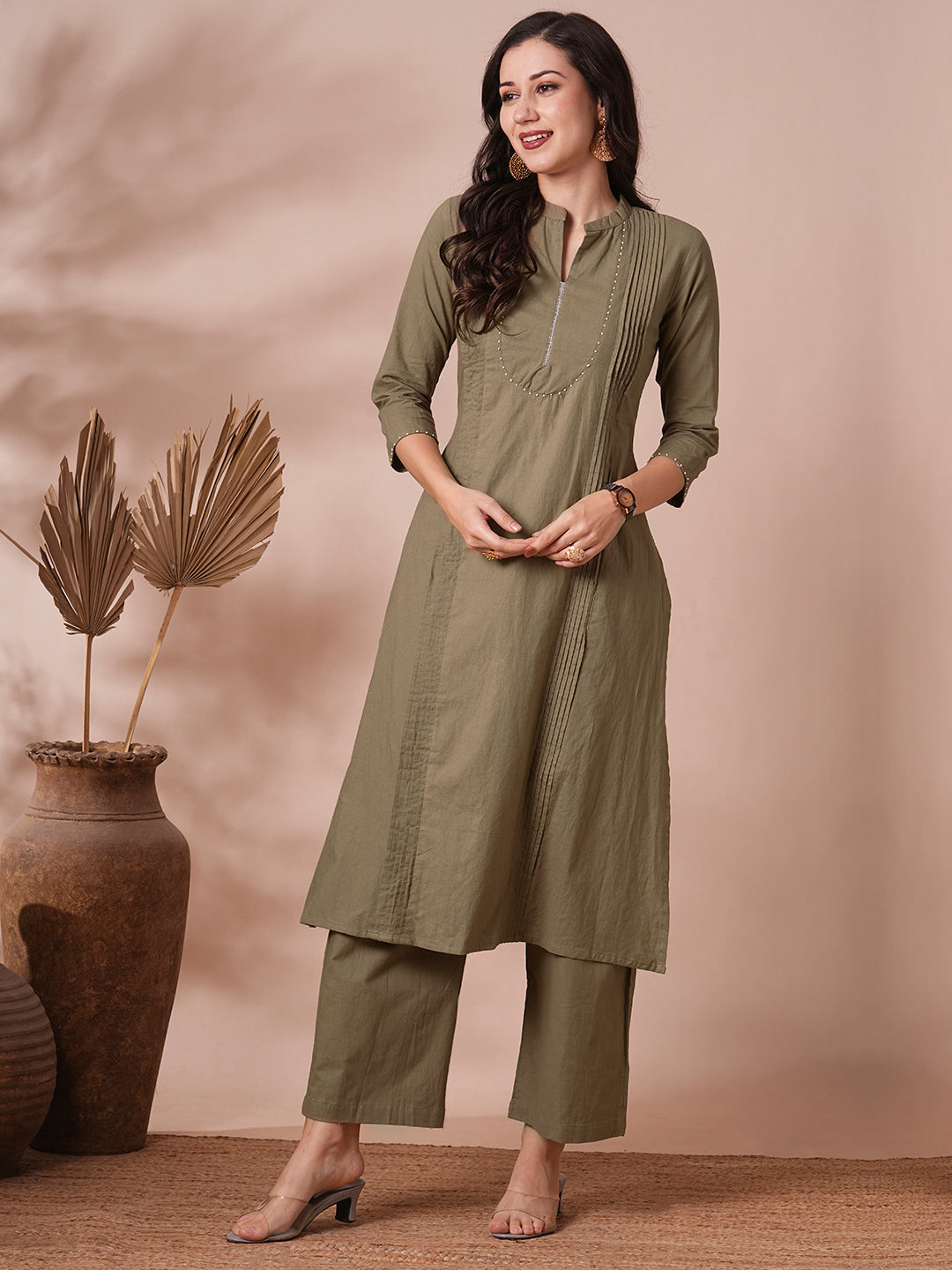 Solid A-Line Pin Tucked Co-ord Set - Khaki