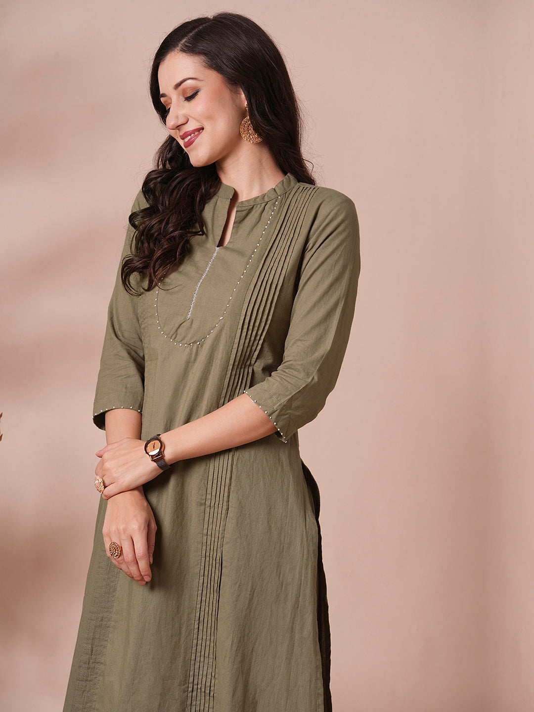 Solid A-Line Pin Tucked Co-ord Set - Khaki