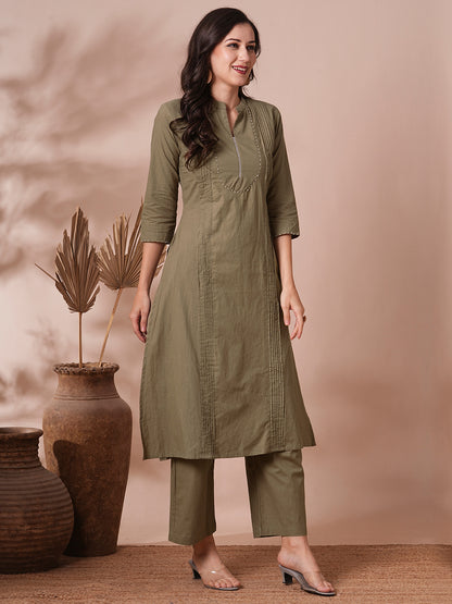 Solid A-Line Pin Tucked Co-ord Set - Khaki