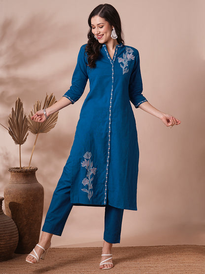 Solid Floral Embroidered Straight Fit Cotton Flax Co-ord Set - Blue