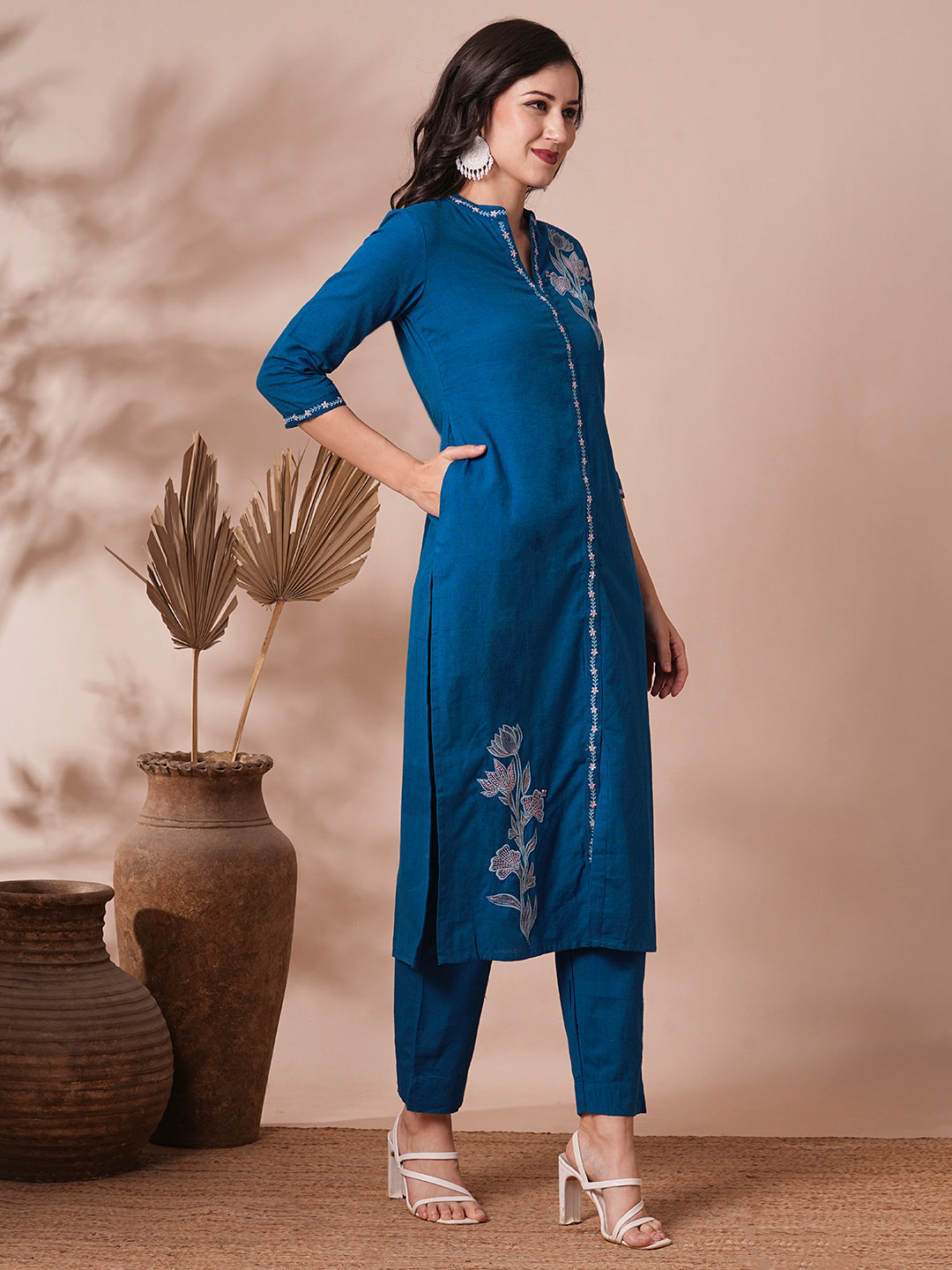 Solid Floral Embroidered Straight Fit Cotton Flax Co-ord Set - Blue