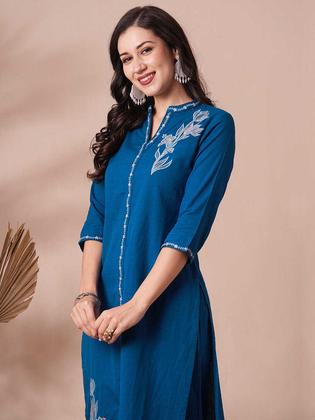 Solid Floral Embroidered Straight Fit Cotton Flax Co-ord Set - Blue