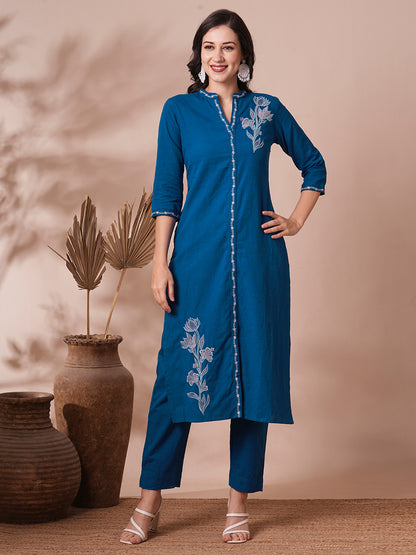 Solid Floral Embroidered Straight Fit Cotton Flax Co-ord Set - Blue