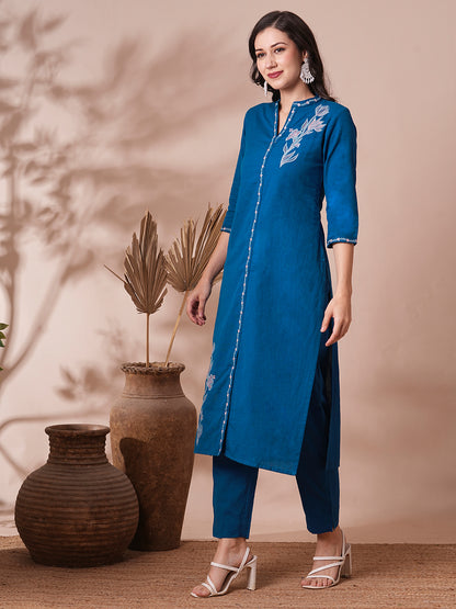 Solid Floral Embroidered Straight Fit Cotton Flax Co-ord Set - Blue