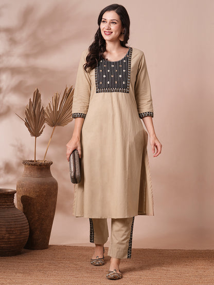 Solid Ethnic Embroidered A-Line Cotton Flax Co-ord Set - Beige