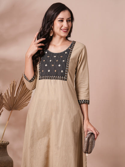 Solid Ethnic Embroidered A-Line Cotton Flax Co-ord Set - Beige