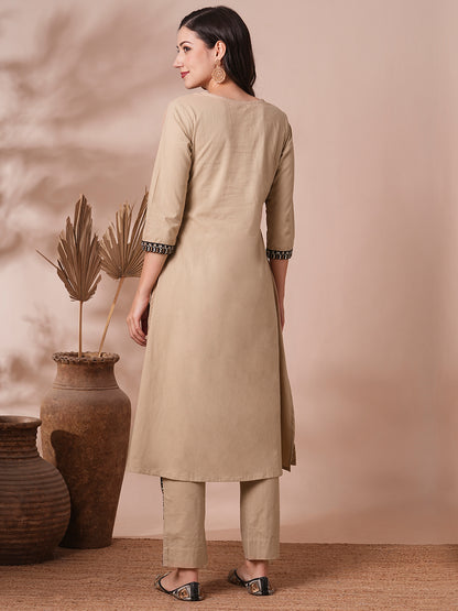 Solid Ethnic Embroidered A-Line Cotton Flax Co-ord Set - Beige