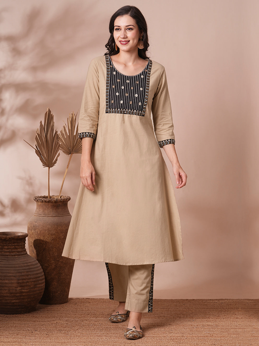 Solid Ethnic Embroidered A-Line Cotton Flax Co-ord Set - Beige