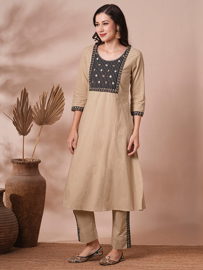 Solid Ethnic Embroidered A-Line Cotton Flax Co-ord Set - Beige