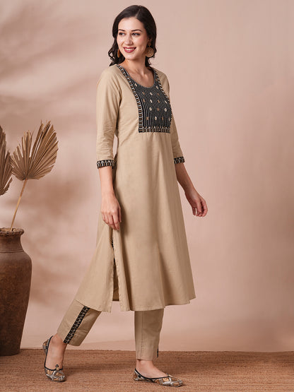 Solid Ethnic Embroidered A-Line Cotton Flax Co-ord Set - Beige