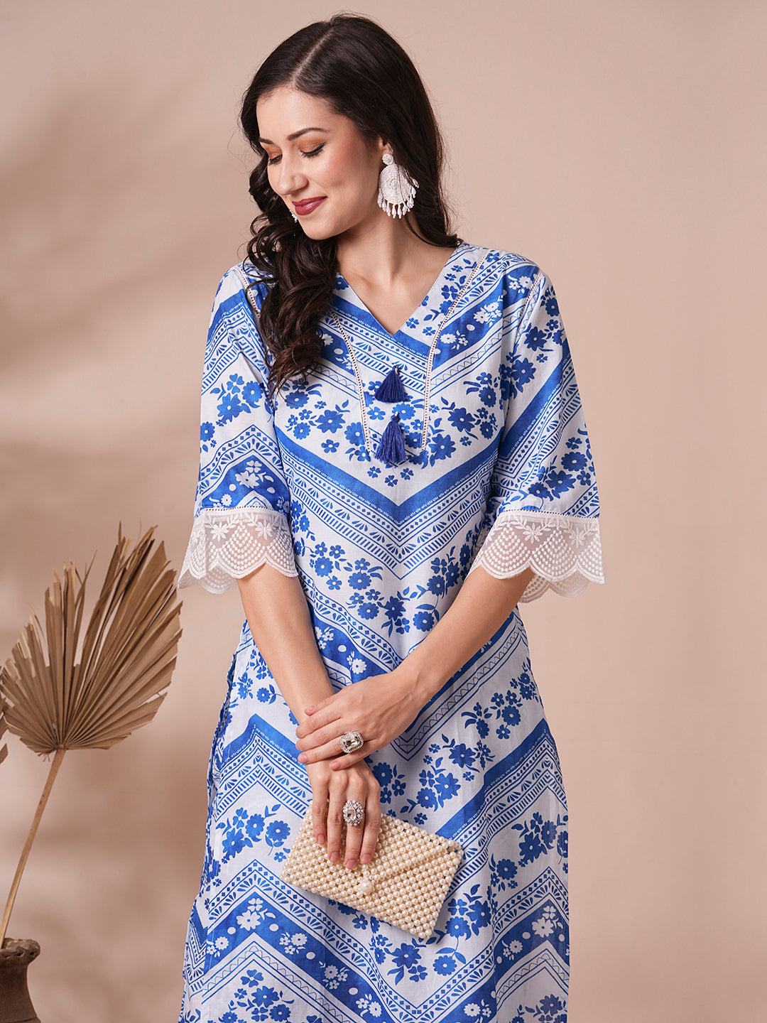 Ethnic Floral Stripes Printed Straight Fit Co-ord Set - Blue