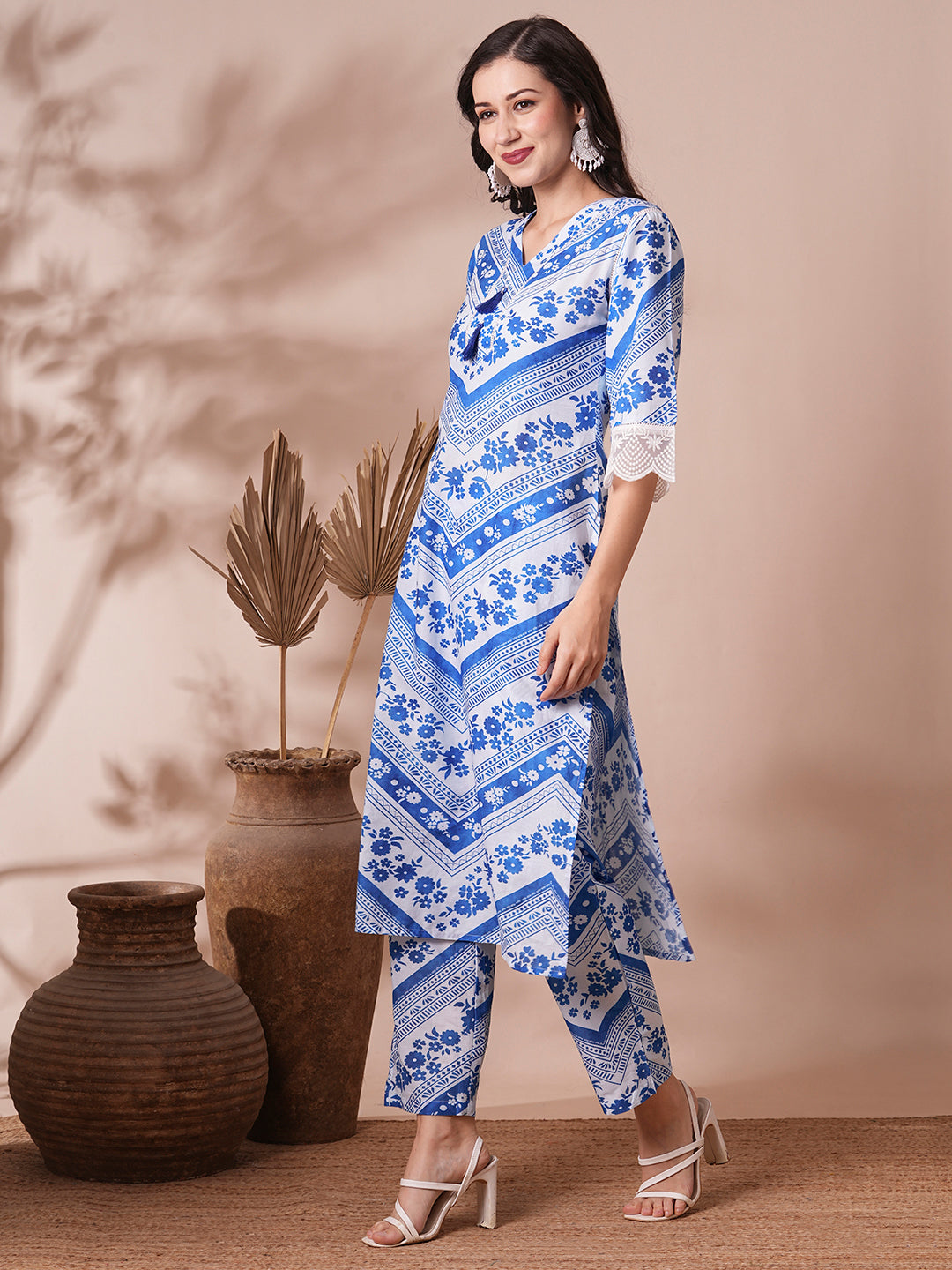 Ethnic Floral Stripes Printed Straight Fit Co-ord Set - Blue