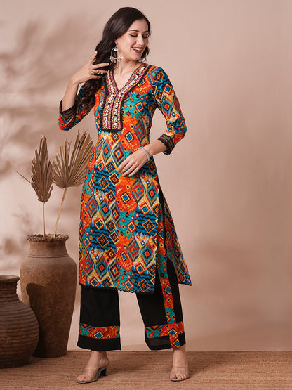 Ethnic Abstract Printed Embroidered Straight Fit Kurta with Palazzo - Multi