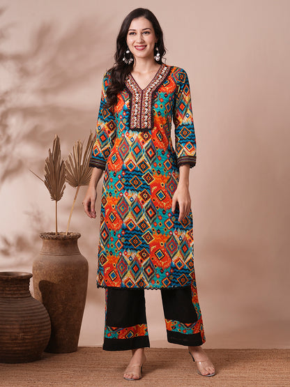 Ethnic Abstract Printed Embroidered Straight Fit Kurta with Palazzo - Multi