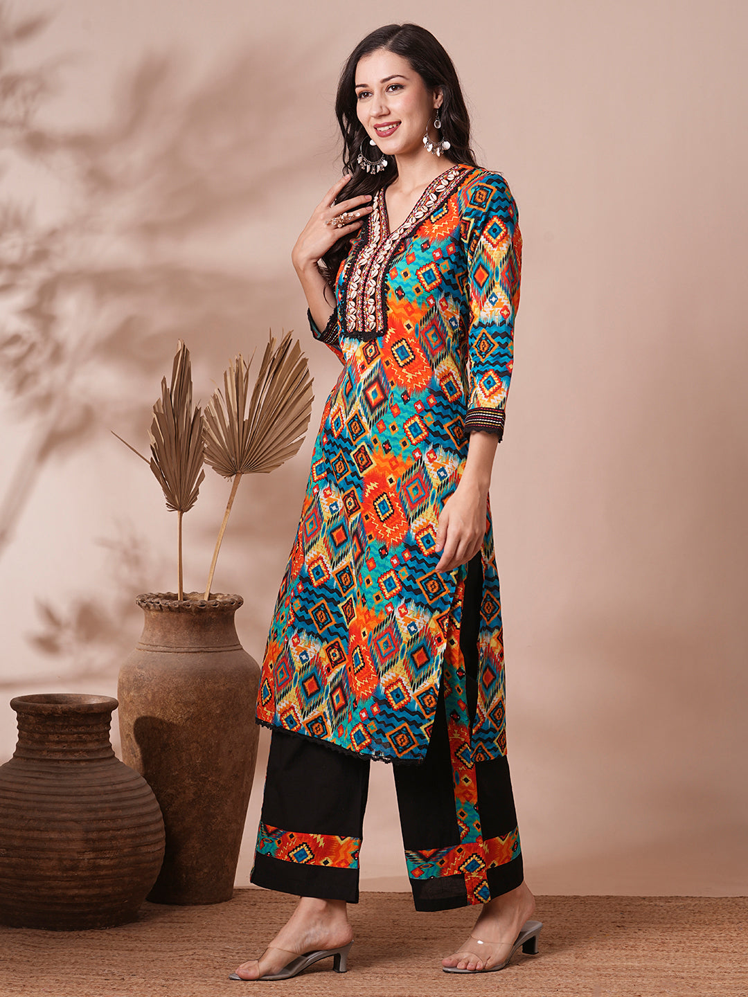 Ethnic Abstract Printed Embroidered Straight Fit Kurta with Palazzo - Multi