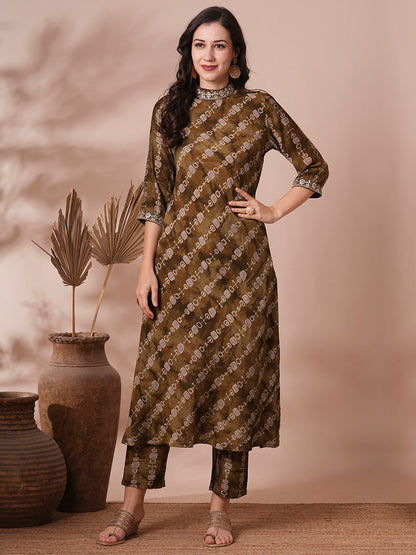 Ethnic Stripes Printed & Embroidered A-Line Co-ord Set - Moss Green