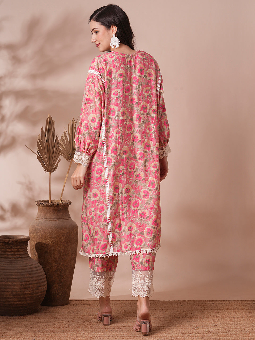 Abstract Floral Foil Printed Kaftan Co-ord Set - Pink