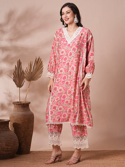 Abstract Floral Foil Printed Kaftan Co-ord Set - Pink