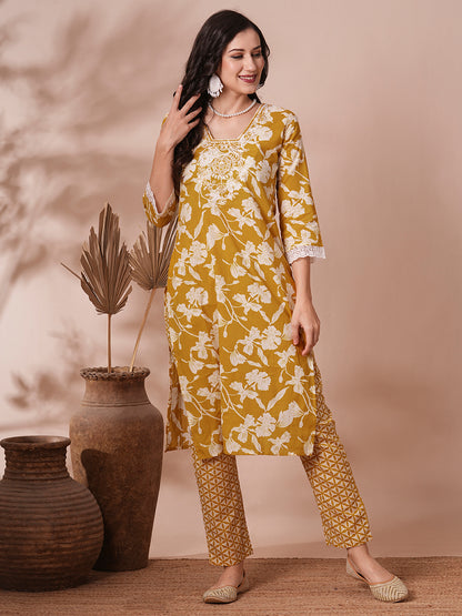 Ethnic Floral Printed & Embroidered Straight Fit Kurta with Pant - Mustard