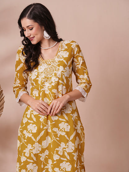 Ethnic Floral Printed & Embroidered Straight Fit Kurta with Pant - Mustard